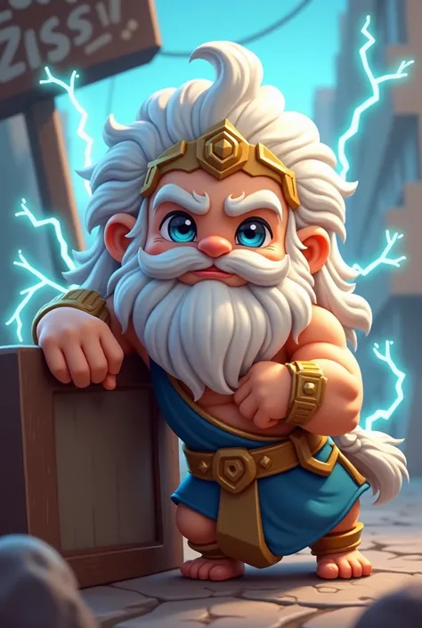 Chibi-style fantasy character with a strong and powerful presence. Zeus with a large head and small, muscular body with exaggerated proportions, blending cuteness with authority. Smooth, sculpted textures with a semi-realistic polish, creating a high-quali...