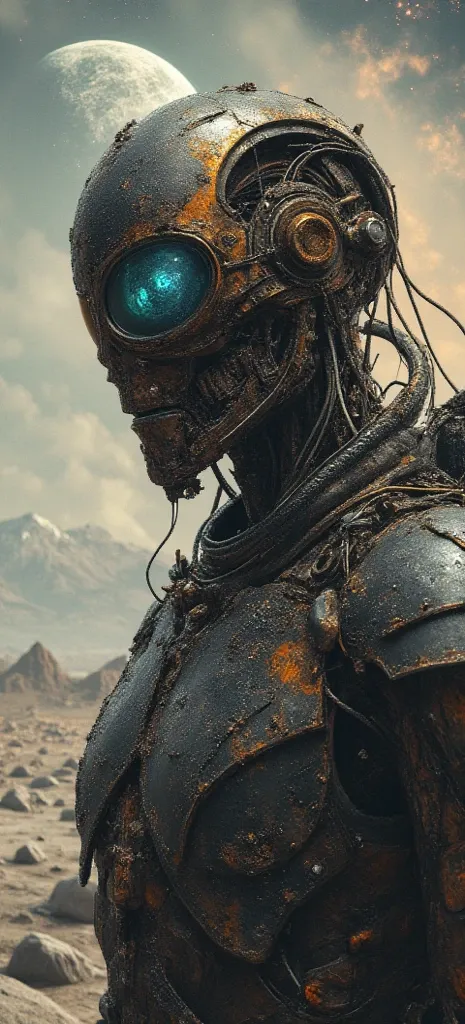 A cyberpunk digital painting depicting an old rusty robot that sadly wanders through an alien landscape.Its design resembles a medieval knight in armor. The parts and assemblies are made of weathered, rusty metal with complex mechanical components, grooves...