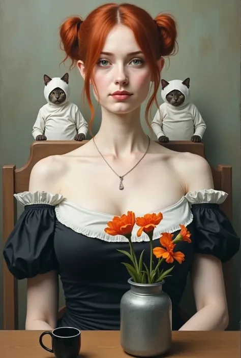 Prompt: Oil painting is a pictorial portrait in a style reminiscent of magical realism. In the center of the painting is a beautiful big breast young woman with red hair gathered in two pigtails. She is dressed in a black dress with a white collar and cuff...