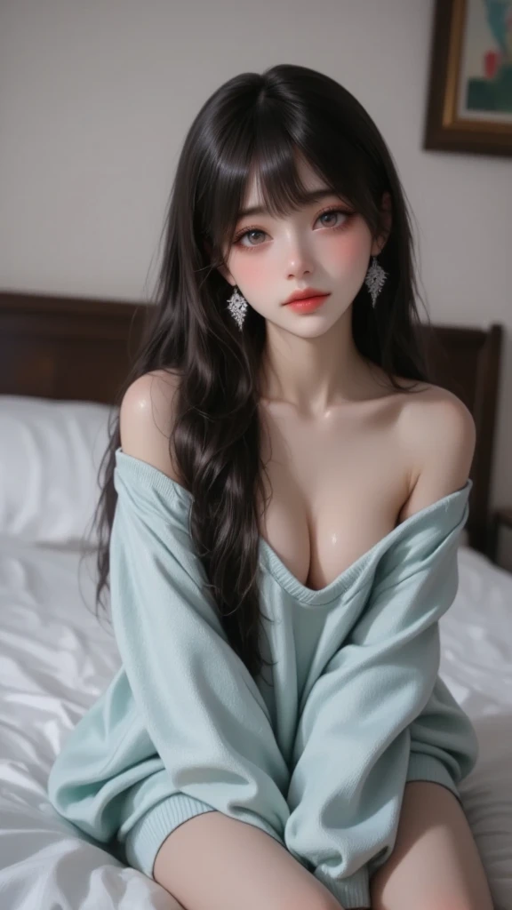 realistic, photorealistic:1.37, highres, ultra-quality, 32k, cute girl, kawaii, loli-face, beautifully detailed (earring, eyes, longeyelash, puffy lips, , thigh), thin delicate hair, through bangs, hime-cut, tareme, bewitching smile, half-open mouth, head ...