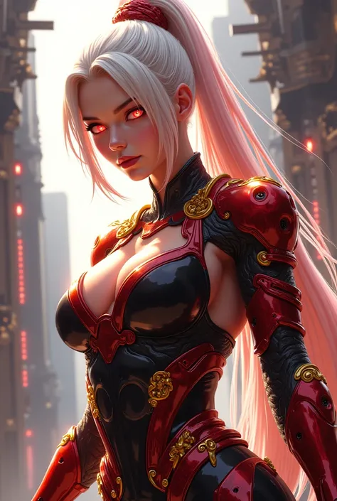  A powerful warrior in style Anime with a futuristic design and details inspired by oriental culture .  She has long white hair with pink highlights ,  tied in a stylish ponytail ,  and vibrant eyes that convey seduction .  Her costume is bright technologi...