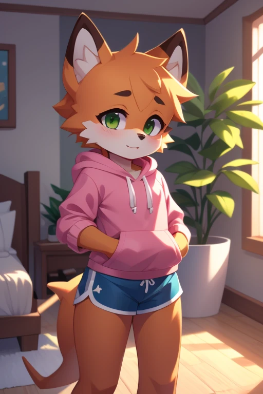 Best quality, amazing quality, very beautiful, ridiculous results, the latest, by milkybot, room, plants, fruition interruption, male, dog boy, green eyes, orange fur, Balnin body, custody shark pad, pink hoodies, blue shorts, 