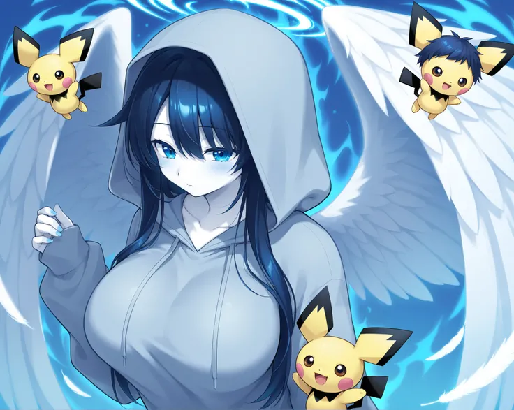  beautiful breasts、woman、  long feather kitten 、  Angel Wings  、   long dark blue hair、 eyes are blue like deep sea  、zitoida   、      HD  、 Super Fine 、   white skin、    Blue Aura   、悪魔の角、  hoodie、Pichu