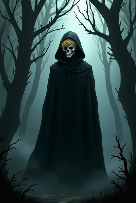 Blond man with bangs ,  short wavy hair ,  and skull-faced wearing a black hooded cape in the middle of a dark forest