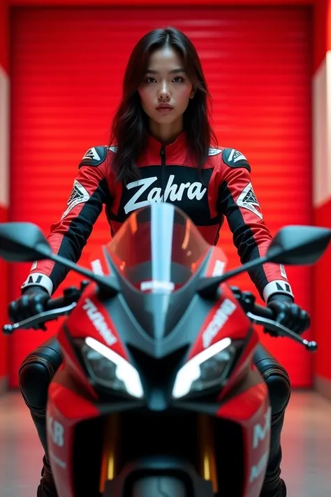 Realpic , a beautiful Indonesian woman wearing a red black racing shirt with the inscription  "Zahra",  is riding an RX king motorcycle racing red metallic background race course , photo looks real hd very sharp  