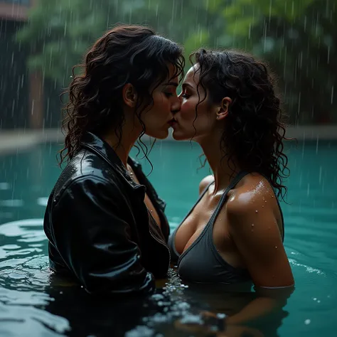 Women soaked relaxing into pool, wet leather jacket, sweater, shirt, curly hair, romantic, kissing, rain