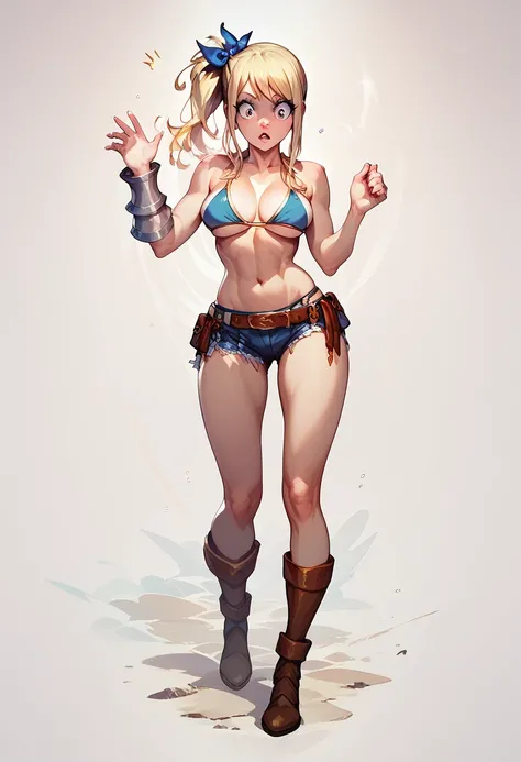 Lucy heartfilia wearing (aaDarkness armor) and bikini underneath, full body picture, Lucy looks at herself with surprise