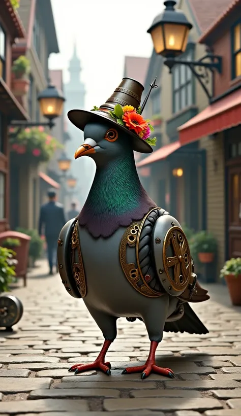 Steampunk setting, a human sized mechanical pigeon walking on a village sidewalk wearing a festive hat with a flower in the hatband