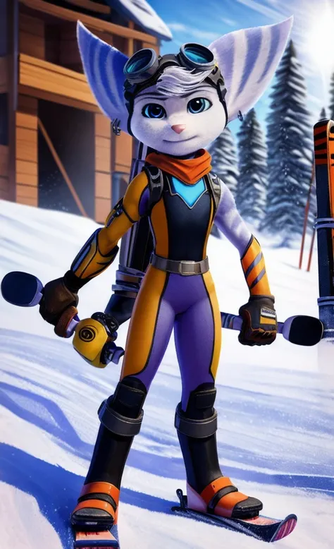 Rivet, tail, furry, 1girl, young, solo, (thick pink ski suit), standing at ski park, detailed body fur, detailed body, detailed eyes, detailed face, athletic, skinny, high quality, masterpiece, goggles, looking at you, full body, 