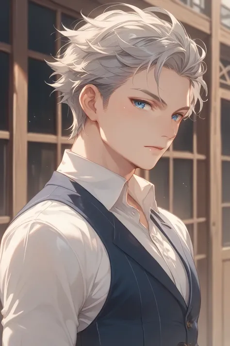 male、solo、( white skin)、 Silver Hair、Tear Mole、Forehead、Short Hair、Blue Eyes、 Shrimp、Butler、 waist shot