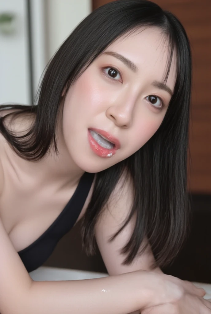   in a high-resolution photo of a Japanese female idol 、Leaning forward、Highlights the chest ,  alone,   in the seat,   straight long black hair off shoulder dress ,   in a Japanese-style room and the focus is on the face ,   face close-up ,   looking at t...