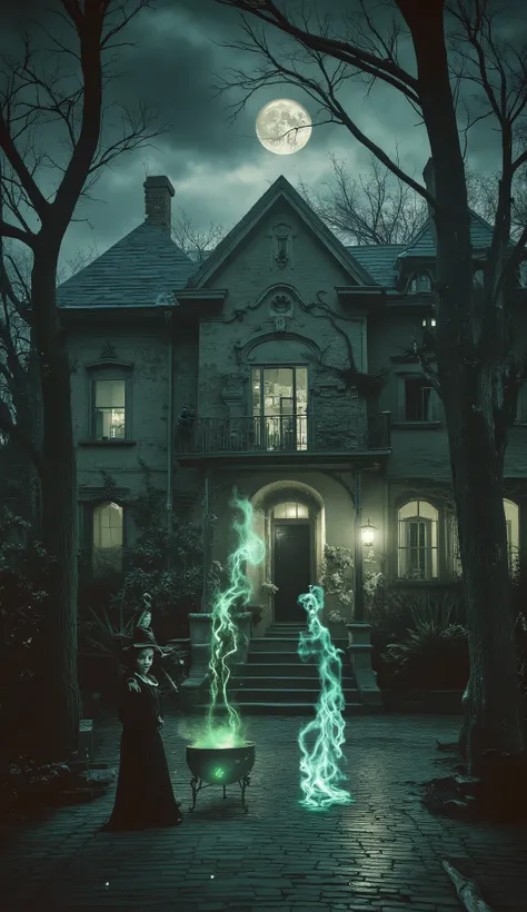 (best quality, 128k,highres,masterpiece:1.2),ultra-detailed,(realistic,photorealistic,photo-realistic:1.37), ((masterpiece)) ((photography)) ((Highest quality)) Eerie, moonlit night with a haunted Victorian mansion as the centerpiece. The mansion is adorne...