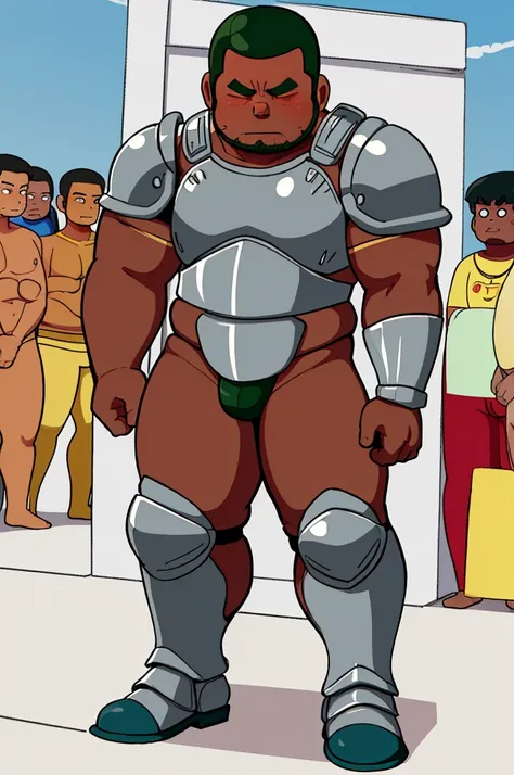 Cartoon network style , (masterpiece, best quality:1.2), 1man, solo, Chubby, Papa, Chubby , Dark-Tan skin , crew cut , ashamed face , Micro armor , shoulder armor, breastplate, closed mouth , closed eyes , pauldrons , standing , boots , full body