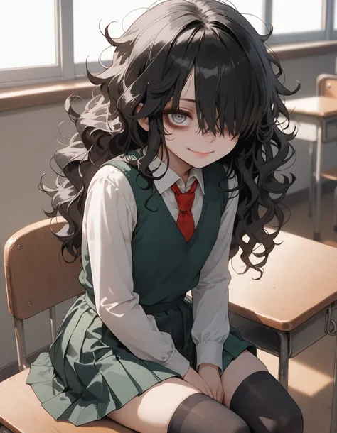 A skinny female with long black hair, wavy hair, messy hair, grey eyes, sitting on a chair, scary eyes, sanpaku, bags under eyes, white blouse, green skirt, red tie, school uniform, school classroom, black stockings, warm lighting, school class background,...