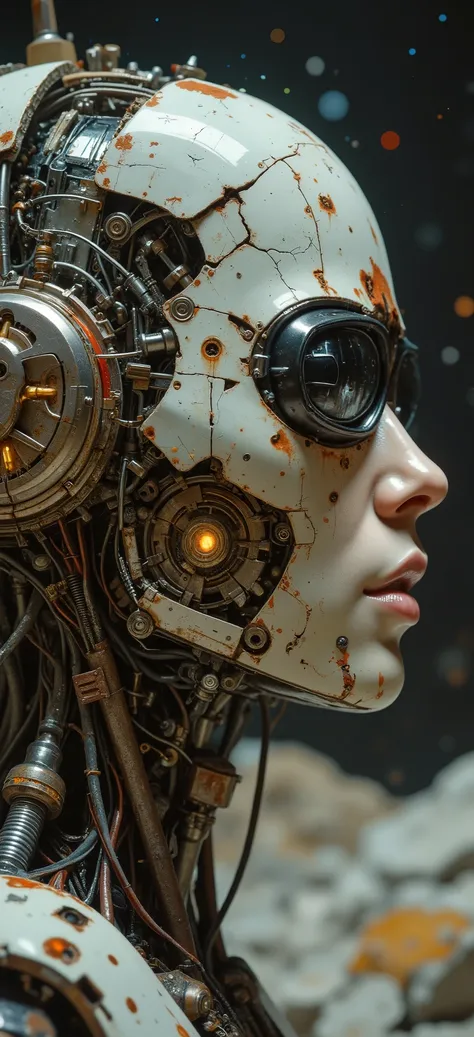 A cyberpunk digital close-up painting depicting an old rusty robot that sadly wanders through an alien landscape. The character's face is partially hidden by a complex cybernetic headdress made of weathered, rusty metal with complex mechanical components, ...