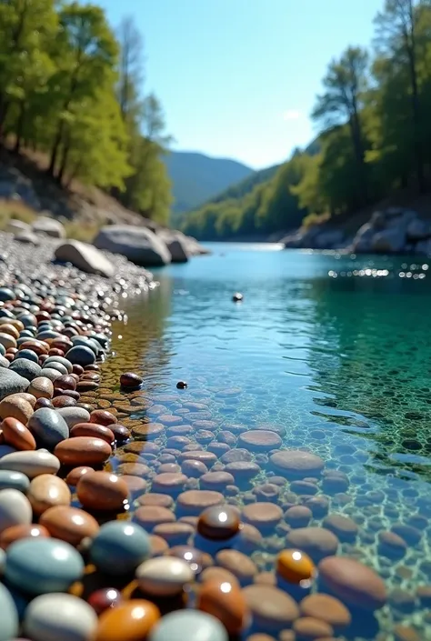 A beautiful crystalline river ,  with banks filled with round pebbles , In different colors ,  along the entire length of the river ,  looking like precious stones .  Frame the view of the river very close to highlight the beautiful colored and half-transp...