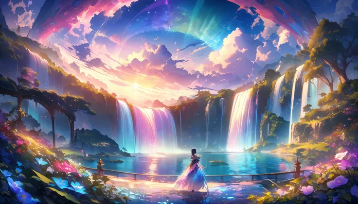 paradise, colorful,A dreamy fantasy landscape,Extremely Coloured Scenery, cloud, light piercing through the cloud,Spectacular and majestic views, shot with a fisheye lens , Can you see large planets in the sky,Multiple beautiful waterfalls,Water surface re...