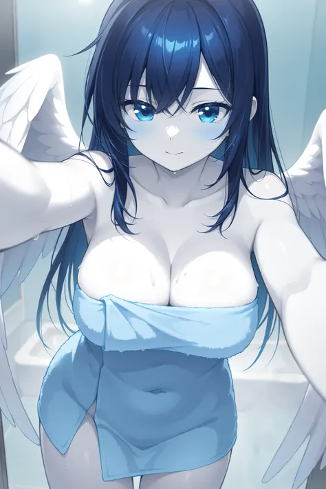   beautiful breasts、woman、  long feather kitten  、   Angel Wings  、    long dark blue hair、  eyes are blue like deep sea   、zitoida    、       high resolution  、 Super Fine、、    white skin、   facing forward、  bath towel、 bath、special eye 、 selfie、