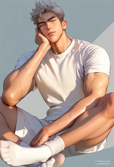 A 26-year-old man, showing off his abdominal muscles and biceps, wearing a white T-shirt and white shorts, white socks on his feet, and a handsome face