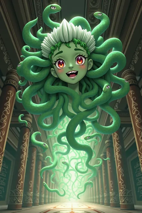 Dusa from Hades, a floating disembodied Medusa's head with green skin, red eyes, sharp teeth, green snakes with friendly snake heads for hair, wearing a white pleated maid headdress, smiling, NO neck or body of any kind, floating in an ornate hallway, in f...