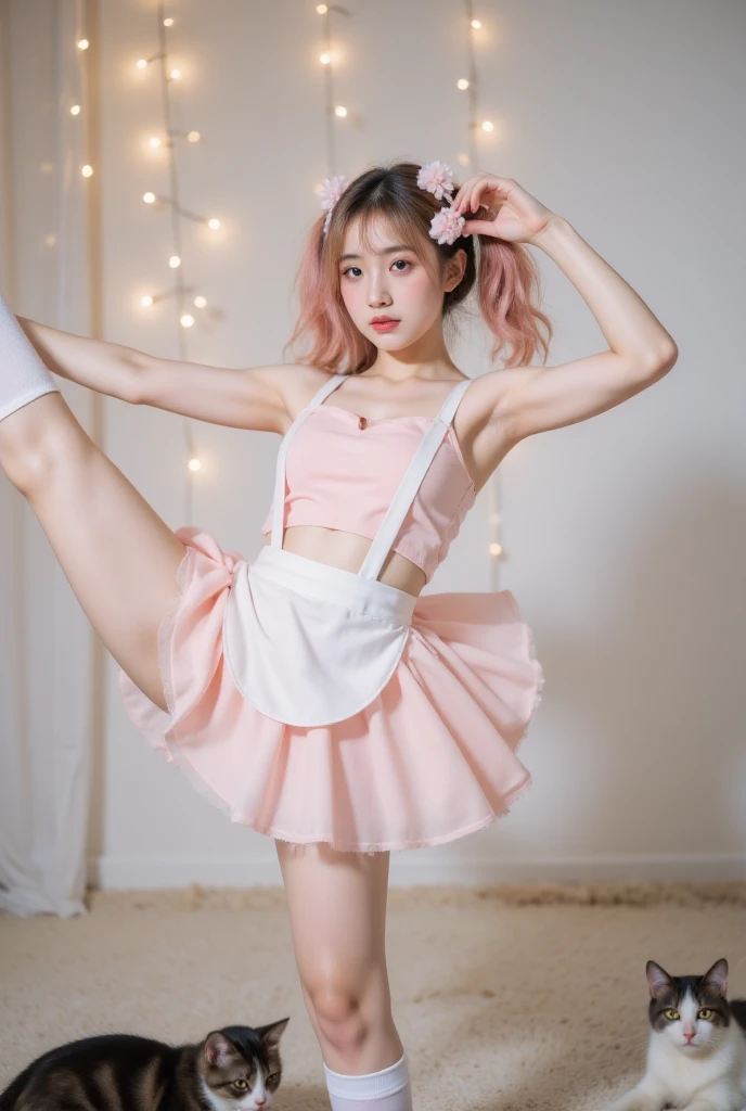 （（（（（Standing Splits））））），“Making a heart shape with both arms， 1 girl\(:d, > <,Blue Eyeshadow,Lovely,full, Long hair, light pink hair,curls,Hair fluttering,  pale skin ,Pink Cheeks, Pink Lips,bangs, Cat ears, skirt\(Short,Light pink, Lolita Fashion, Open ...