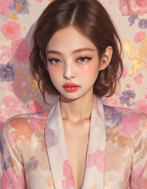 Woman wearing a Japanese yukata. Nouveau Realism, Chillwave, Groovy retro vibes, Girl Portrait and Flowers, Future Girlfriend, retro futuristic, flat Illustration, Electro Madness, Groovy retro vibes, Cross-hatched gradient, feminine art, Artwork made by F...