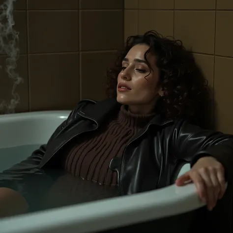 Woman soaked relaxing into tub wet leather jacket, wet sweater, wet leather skirt curly hair