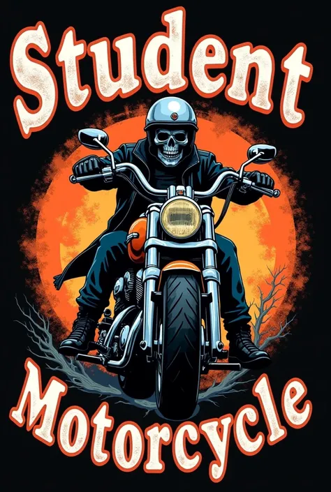 High quality, The motorcycle club logo says "Student Motorcycle", accented by a big motorbike gang, with a skull wearing a helmet and riding a Harley motorbike in the middle of the text Student Motorcycle.