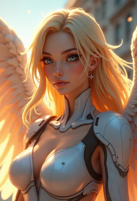 a close up of a woman with wings, mercy from overwatch game (2016), heavily upvoted, before and after, one angel, one blonde, stock image, ambulance, anime visual of a young woman, diverse medical cybersuits, bald lines, 7 7 7 7, albino, Photography Papara...