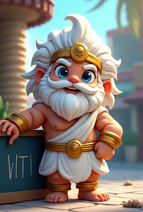 Chibi-style fantasy character with a strong and powerful presence. Zeus with a large head and small, muscular body with exaggerated proportions, blending cuteness with authority. Smooth, sculpted textures with a semi-realistic polish, creating a high-quali...