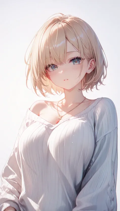 ( top quality, 8k, 32K,  Masterpiece,  super high resolution:1.2), image of a cute Japanese woman ,  big breasts,  Very Short Bob Hair , upper body,( oversized_  sweater ,:1.1)  necklace,   simple background,  look around