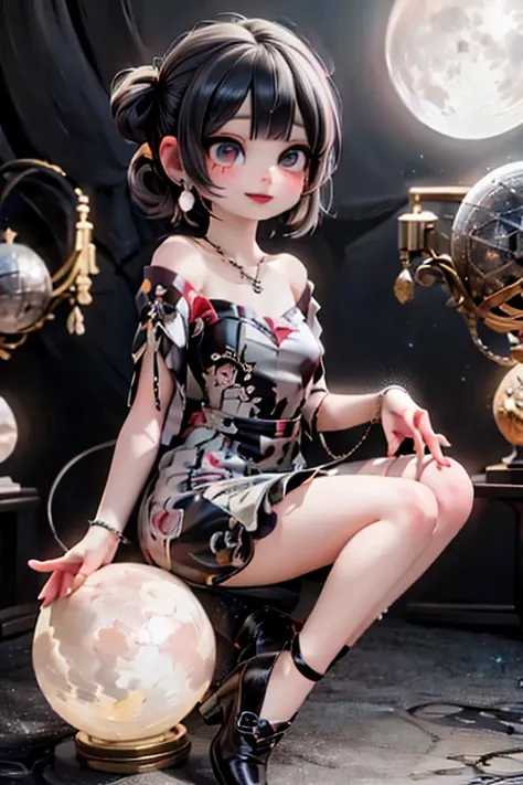 A petite horned demon girl sits on a luminous sphere, her smile radiant under smoky eyes and bold red lip color. Red ankle strap pumps and a strapless dress with hair accessories shine against the night's haunted park backdrop, illuminated by twinkling str...