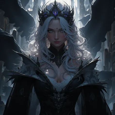 ‘The Dark Queen and the Forest of Mist’

 ‘A striking, otherworldly portrait of a young, mystical queen standing in a dimly lit, ancient stone throne room. Her pale, almost radiant skin contrasts with long, silver hair falling in loose waves. She wears a f...