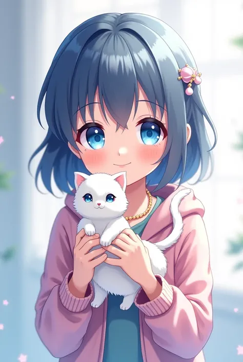 Anime with blue eyes and one cat in hand