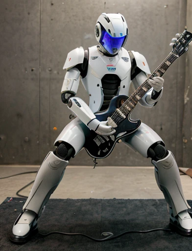 Create a Humanoid Robot Guitarist , He's playing guitar, background white,  full body image angle from the low side photograph.