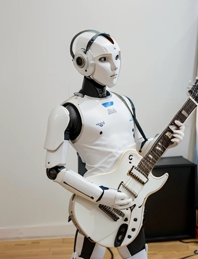 Create a Humanoid Robot Guitarist , He's playing guitar, background white,  full body image angle from the low side photograph.