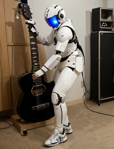 Create a Humanoid Robot Guitarist , He's playing guitar, background white,  full body image angle from the low side photograph.