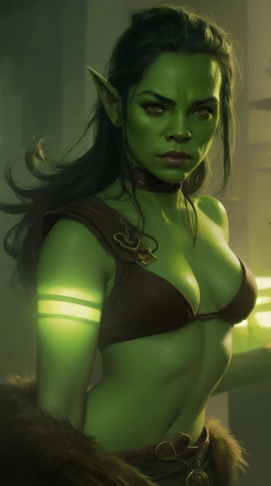 green orc female, light green tone beautiful face by jeremy mann, greg rutkowski, noah bradley