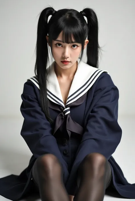 Double ponytail black silk pantyhose Japanese sailor suit masculine sitting position 