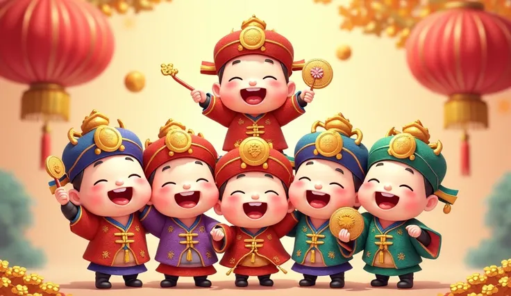 Image is a digital illustration featuring a group of five cartoonish, anthropomorphic figures styled in traditional Chinese attire. These figures are stacked vertically, each displaying joyful expressions with wide smiles and closed eyes, dressed as Gods o...