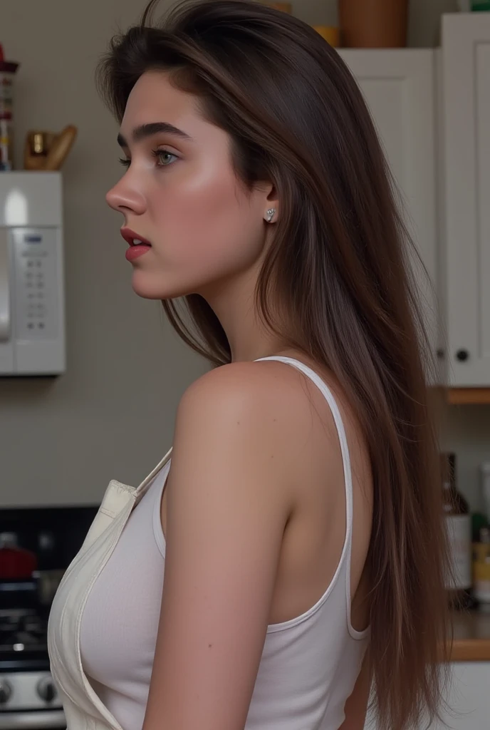 ( Masterpiece,  top quality:1.5), 
 1 girl,  alone,
 waist shot,  Side View ,  Her beautiful profile.,
 fascinated expression on the leg,
She's pointing slightly upwards 、 her shiny lips are voluptuously open .,
standing in the kitchen with a naked apron.,...