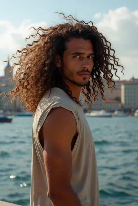  long hair ,  curly hair ,  back view , Male, brown ,  with wild hair , He turned his head down to the right, wearing a sleeveless t-shirt, istanbul estuary