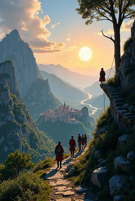  A general shot  ,  of a mountainous landscape with lots of vegetation where on the right there is a path,  in the distance you can see a big city surrounded by stone walls  , and in the sky several suns  ,  along the way 6 adventurers and one climbed wait...