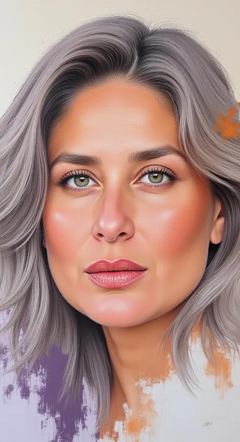 abstract portrait of a woman with an emphasis on thick, impasto-style brushstrokes and a rich, tactile paint texture, features are rendered in a soft, yet vivid palette of warm grey, muted oranges, pastel purples, intermingled with strokes of white and bei...