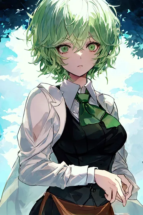  top quality,  textured skin, short light green hair, black vest and suit ,Coffee shop master,A beautiful woman in men&#39;s clothing, anime style,  character portrait, 