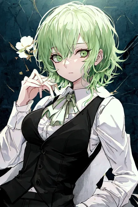  top quality,  textured skin, short light green hair, black vest and suit ,Coffee shop master,A beautiful woman in men&#39;s clothing, anime style,  character portrait, 