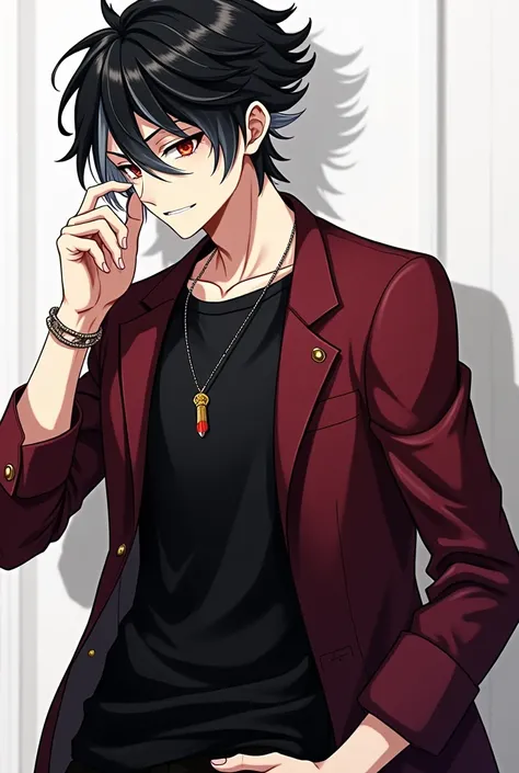 a black-and-white-haired male character from the demon and vampire race, Your outfit is a burgundy red jacket and a black rock t-shirt,  in anime style 