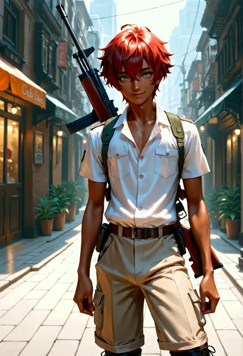 1boy, young male, skinny, dark copper tan skin, solo, red hair, short hair, off button khaki uniform, gun belt, khaki short pants, green eyes, cyberpunked rifle on back, city street, lower buildings, standing on the street, smile, masterpiece, best quality...