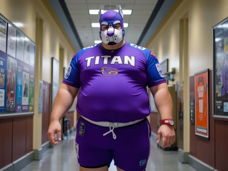  1 young boy, wearing a purple and white puppy mask and puppy ears , He is fatter  (is a giant ),  with a bloated belly,  wide hips (chubby hips),  fat legs , and arms,  wears tight soccer pants ,  and a tight sports jersey ,  he is standing in the center ...