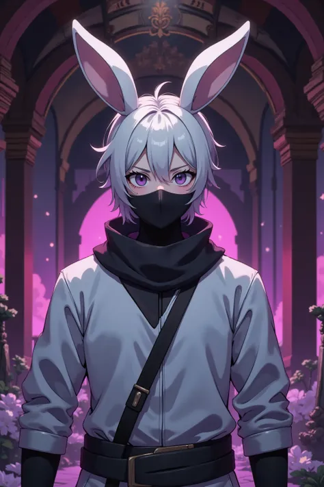 (Extremely detailed 8k unity CG wallpaper), (best illustration), (best shadow), 1boy , half bunny ,  ninja mask, white clothes